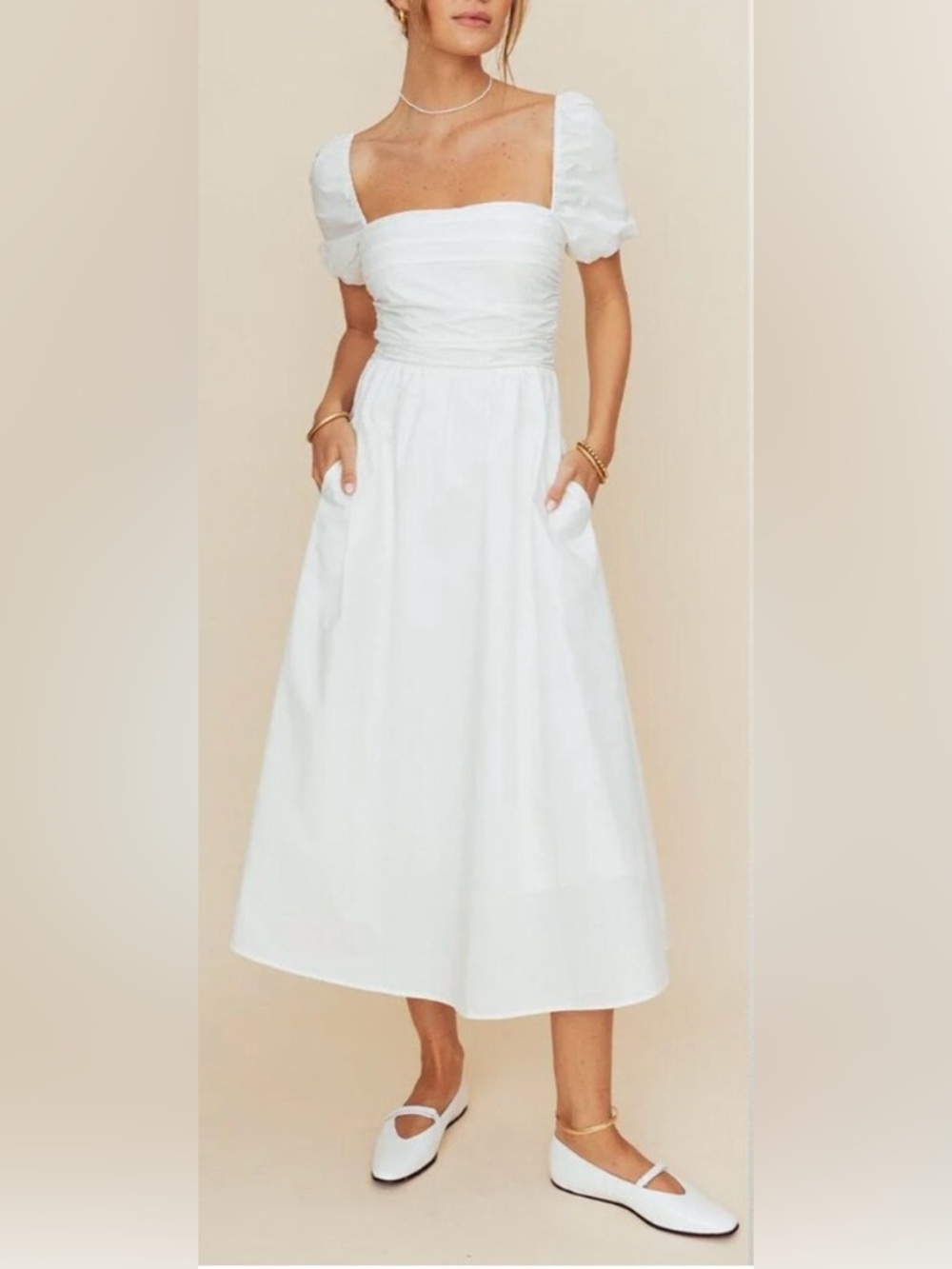 O.P.T. River Medium Midi White Cotton Square Neck Romantic Lined Pockets Dress